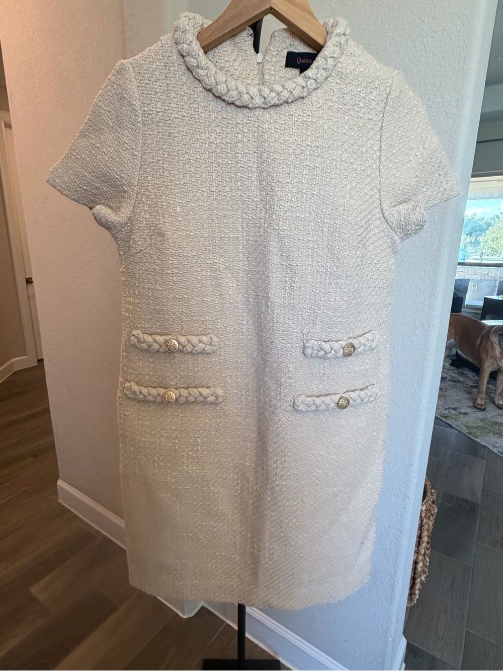 Quince Cream Tweed Short-Sleeve Braided-Trim Mini Dress Ivory Coast XS